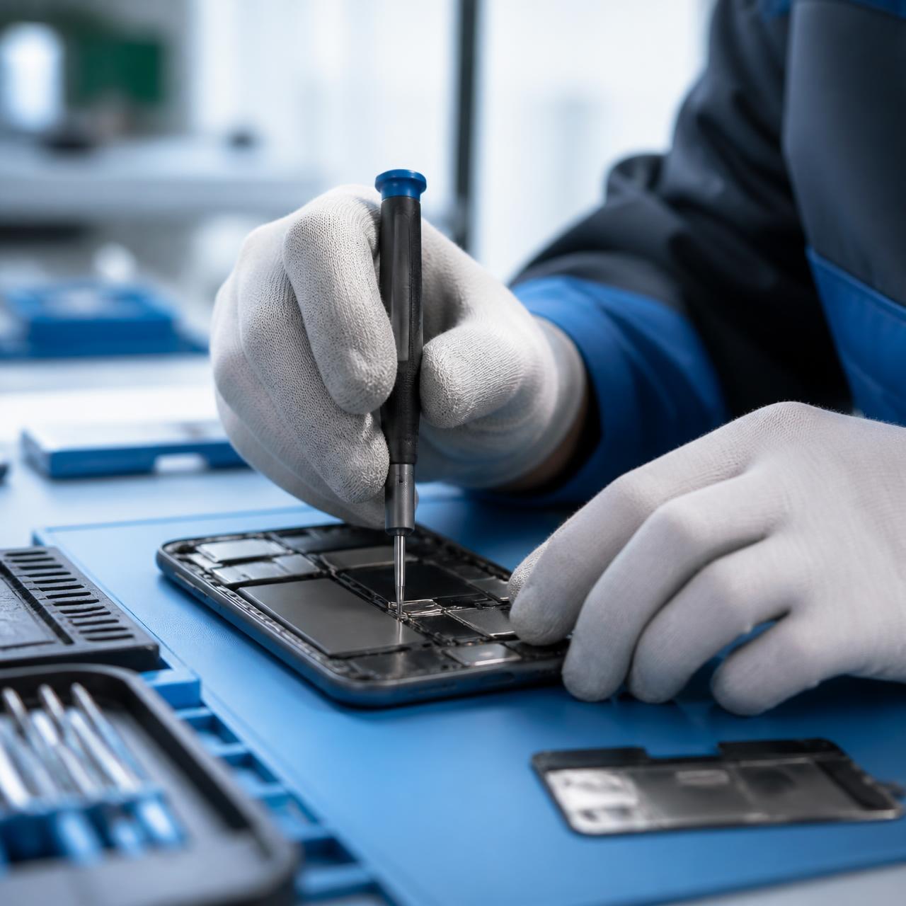 Wireless Z technician repairing a smartphone with precision tools